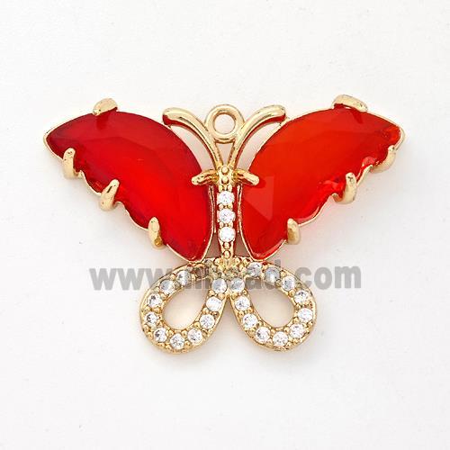 Red Crystal Glass Copper Butterfly Pendant Pave Zirconia Gold Plated