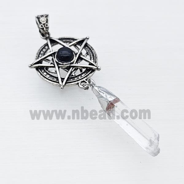 Alloy Star Pendant Pave Black Obsidian With Crystal Quartz Stick Antique Silver