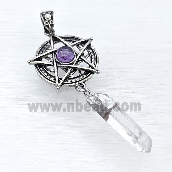 Alloy Star Pendant Pave Amethyst With Crystal Quartz Stick Antique Silver