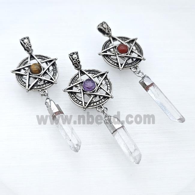 Alloy Star Pendant Pave Gemstone With Crystal Quartz Stick Antique Silver Mixed