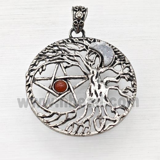 Alloy Tree Of Life Pendant Pave White Druzy Moon Red Agate Star Antique Silver