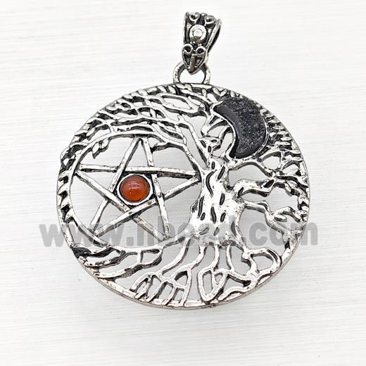 Alloy Tree Of Life Pendant Pave Black Druzy Moon Red Agate Star Antique Silver