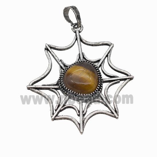 Alloy Spiderweb Pendant Pave Tiger Eye Antique Silver