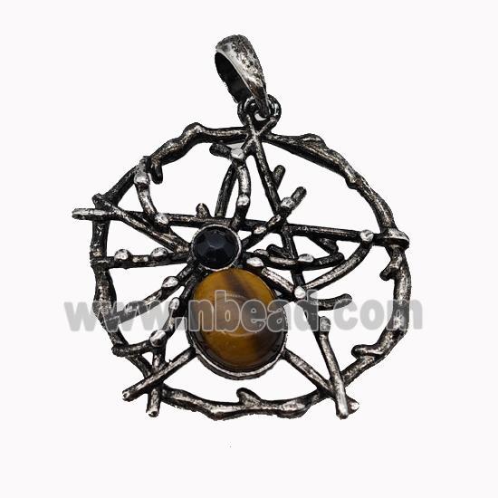 Alloy Spider Pendant Pave Tiger Eye Stone Antique Silver