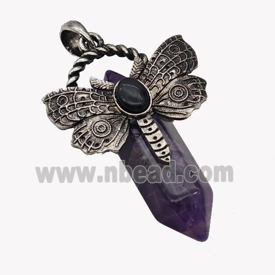 Natural Purple Amethyst Prism Pendant Alloy Butterfly Antique Silver