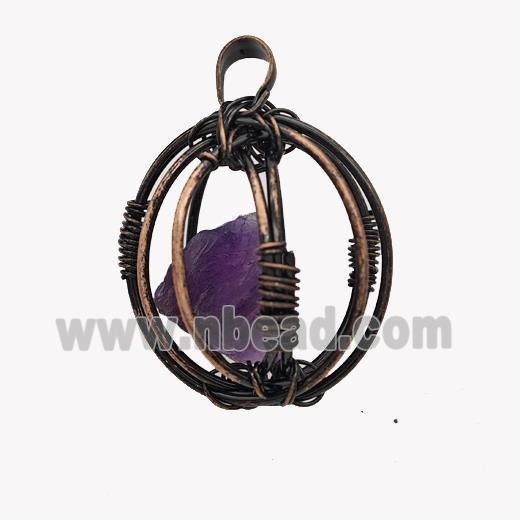 Copper Sphere Pendant With Amethyst Nugget Wire Wrapped Antique Red