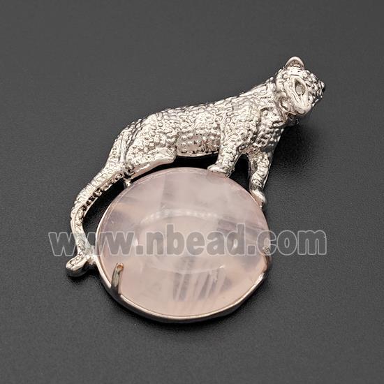 Alloy Leopard Pendant Pave Rose Quartz Platinum Plated