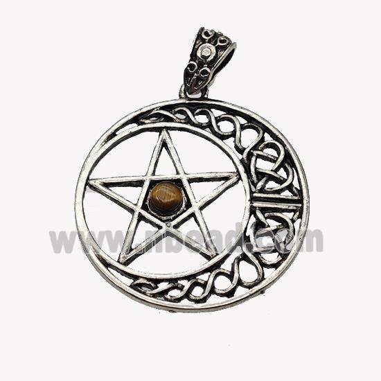 Alloy Moon Star Pendant Pave Tiger Eye Stone Antique Silver