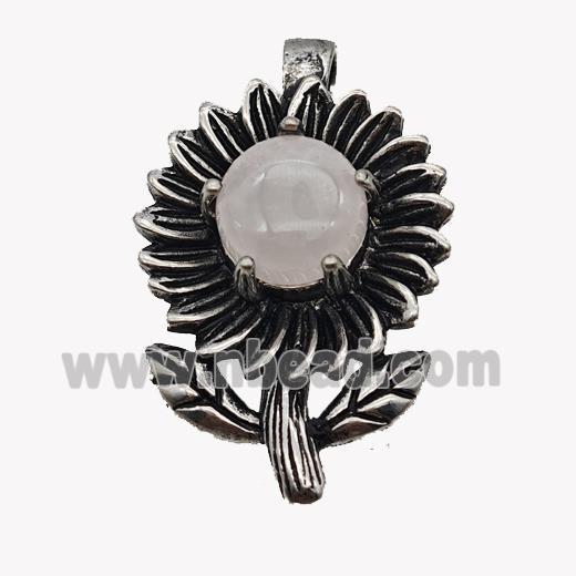 Alloy Sunflower Pendant Pave Pink Rose Quartz Antique Silver