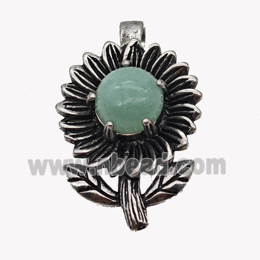 Alloy Sunflower Pendant Pave Green Aventurine Antique Silver