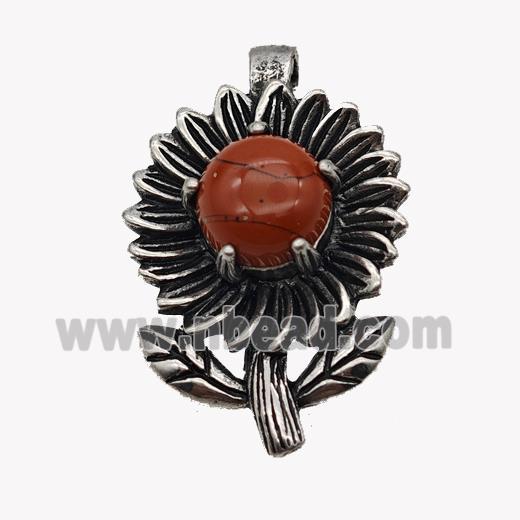 Alloy Sunflower Pendant Pave Red Jasper Antique Silver