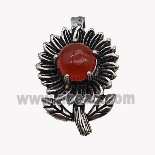 Alloy Sunflower Pendant Pave Red Agate Antique Silver