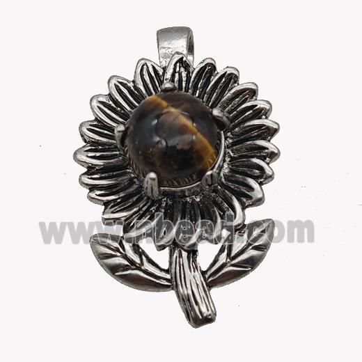 Alloy Sunflower Pendant Pave Tiger Eye Stone Antique Silver