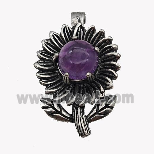 Alloy Sunflower Pendant Pave Purple Amethyst Antique Silver