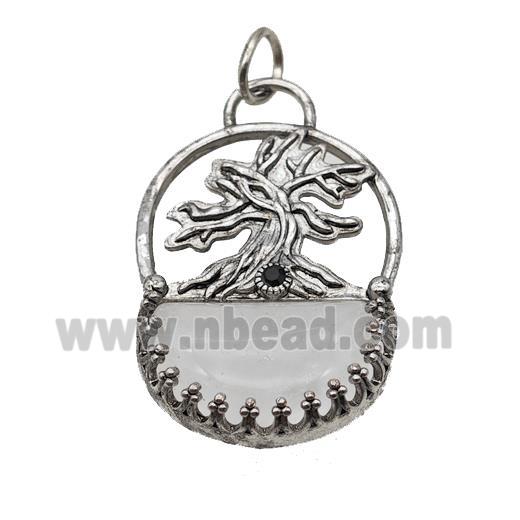 Alloy Tree Pendant Pave Clear Quartz Moon Antique Silver