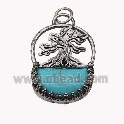 Alloy Tree Pendant Pave Teal Turquoise Moon Antique Silver