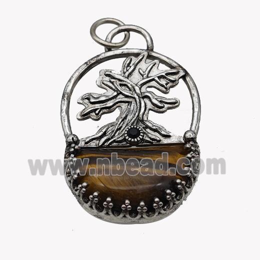 Alloy Tree Pendant Pave Tiger Eye Stone Moon Antique Silver