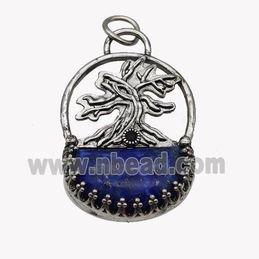 Alloy Tree Pendant Pave Blue Lapis Moon Antique Silver