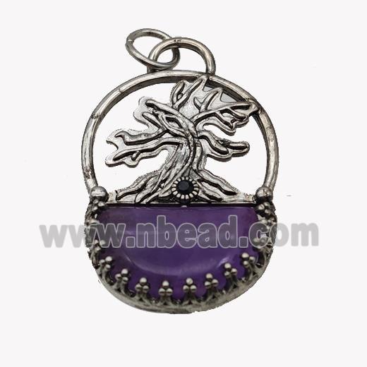 Alloy Tree Pendant Pave Purple Amethyst Moon Antique Silver