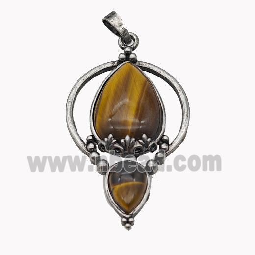 Alloy Teardrop Pendant Pave Tiger Eye Stone Antique Silver