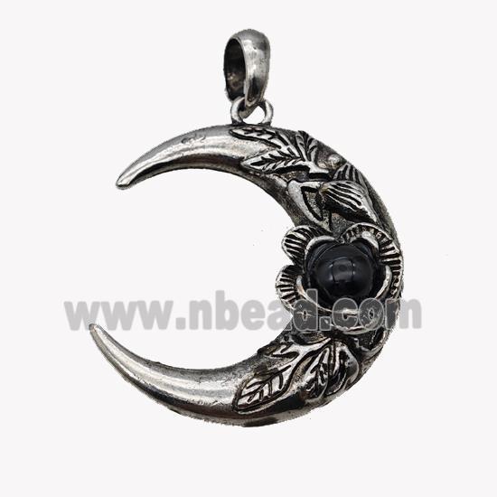 Alloy Moon Pendant Pave Black Obsidian Antique Silver