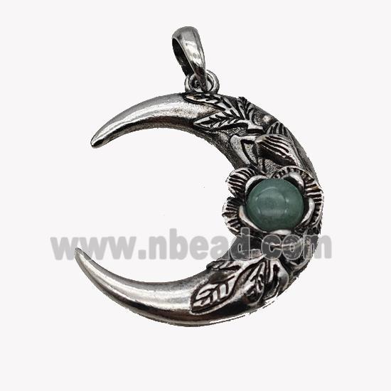 Alloy Moon Pendant Pave Green Aventurine Antique Silver