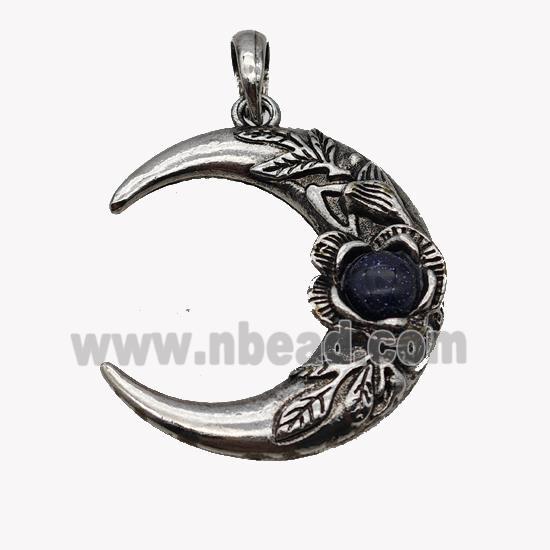 Alloy Moon Pendant Pave Blue Sandstone Antique Silver