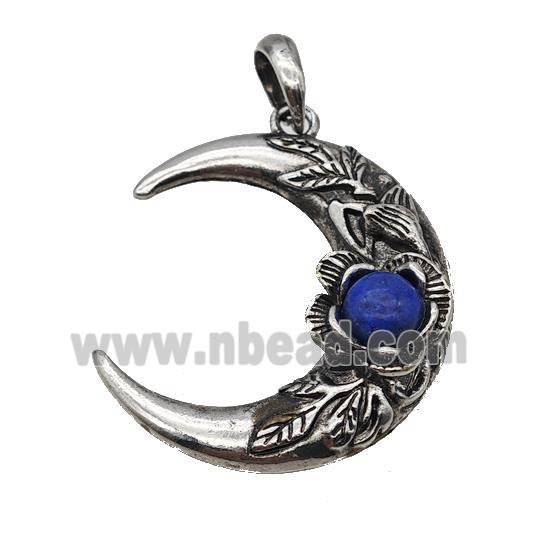 Alloy Moon Pendant Pave Blue Lapis Antique Silver