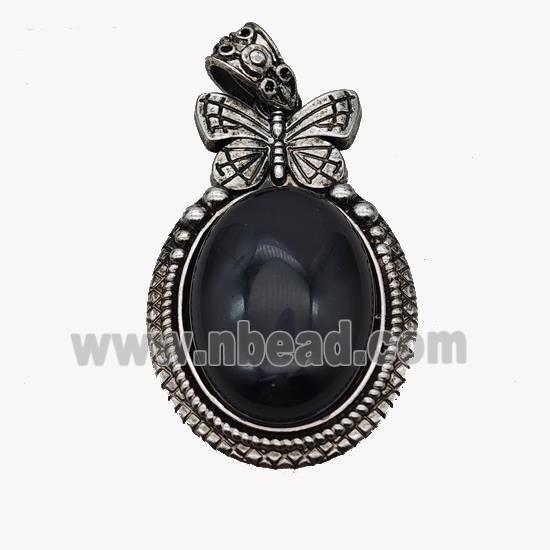 Alloy Butterfly Pendant Pave Black Obsidian Antique Silver