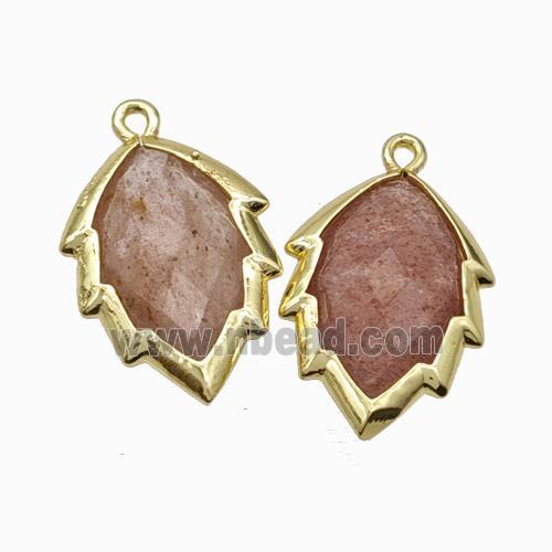 Natural Pink Strawberry Quartz Leaf Pendant Gold Plated