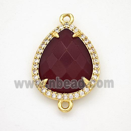 Darkred Dye Jade Teardrop Connector Copper Pave Zirconia Gold Plated