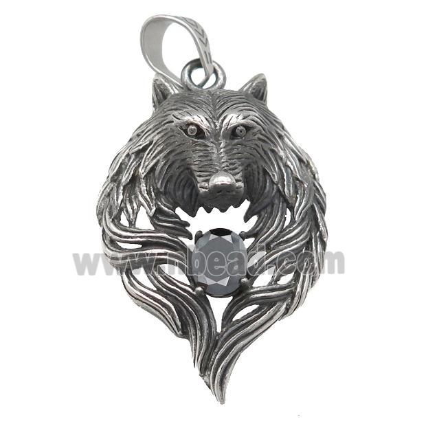 stainless steel wolf pendant, antique silver