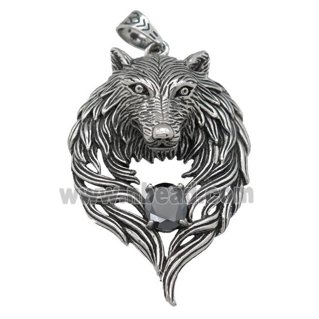 stainless steel wolf pendant, antique silver