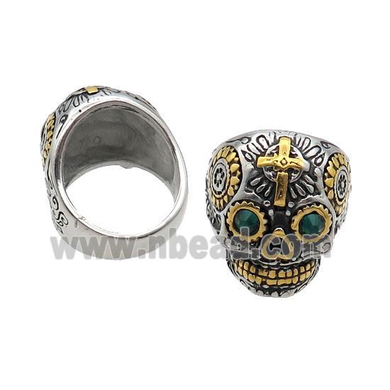 Stainless Steel Skull Ring Pave Rhinestone Antique Gold