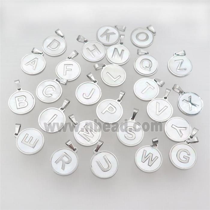 Raw Stainless Steel Letter Pendant Pave White Shell Mix Alphabet
