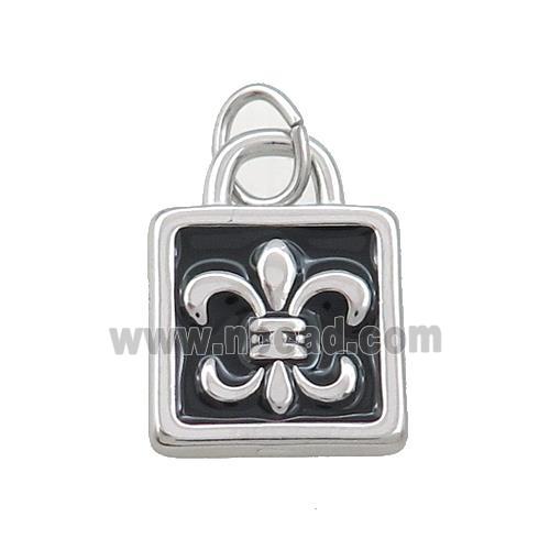 Raw Stainless Steel Fleur-De-Lis Charms Pendant Lock Black Enamel