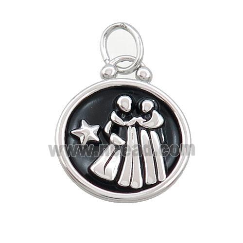 Raw Stainless Steel Gemini Zodiac Charms Pendant Circle Black Enamel