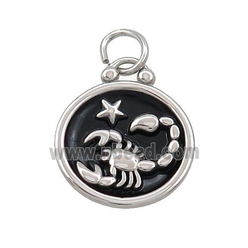 Raw Stainless Steel Scorpio Zodiac Charms Pendant Circle Black Enamel