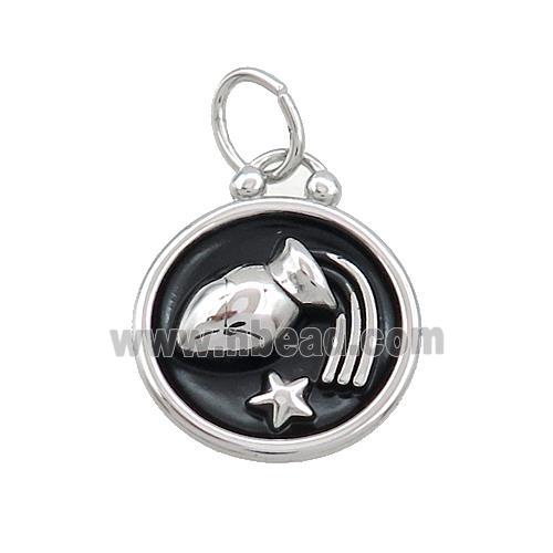 Raw Stainless Steel Aquarius Zodiac Charms Pendant Circle Black Enamel