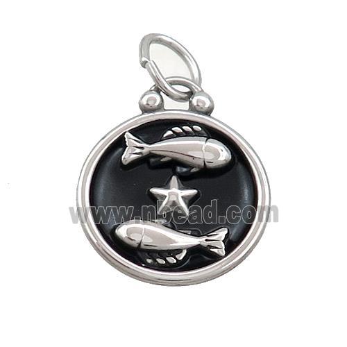 Raw Stainless Steel Pisces Zodiac Charms Pendant Circle Black Enamel