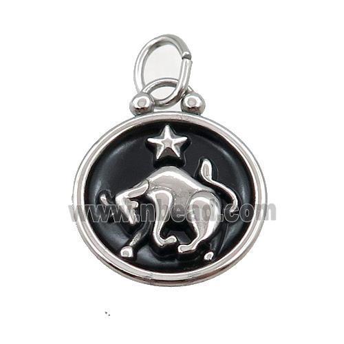 Raw Stainless Steel Taurus Zodiac Charms Pendant Circle Black Enamel