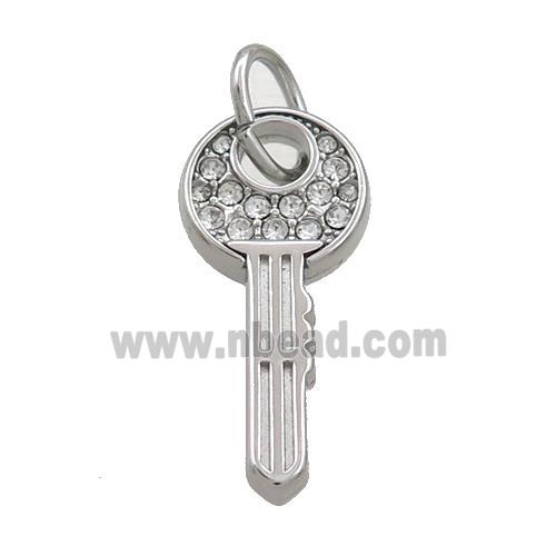 Raw Stainless Steel Key Pendant Pave Rhinestone