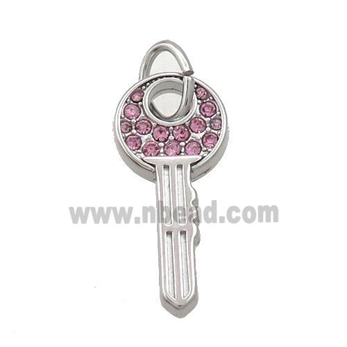 Raw Stainless Steel Key Pendant Pave Pink Rhinestone