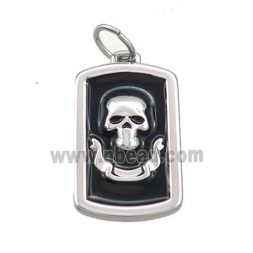 Raw Stainless Steel Skull Charms Pendant Rectangle Black Enamel