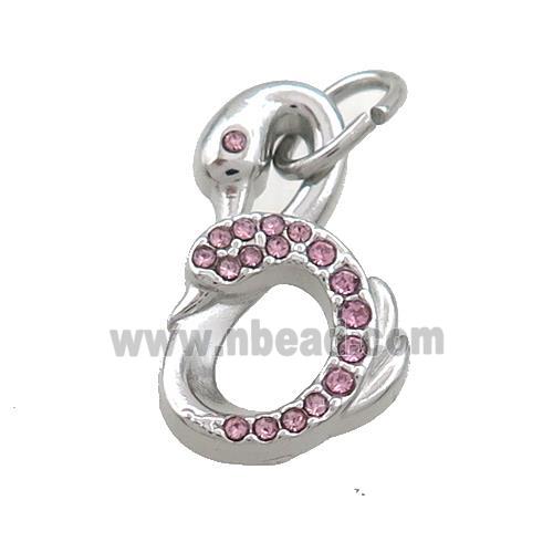 Raw Stainless Steel Swan Pendant Pave Pink Rhinestone