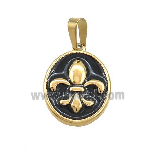 Stainless Steel Fleur-De-Lis Charms Pendant Oval Black Enamel Gold Plated