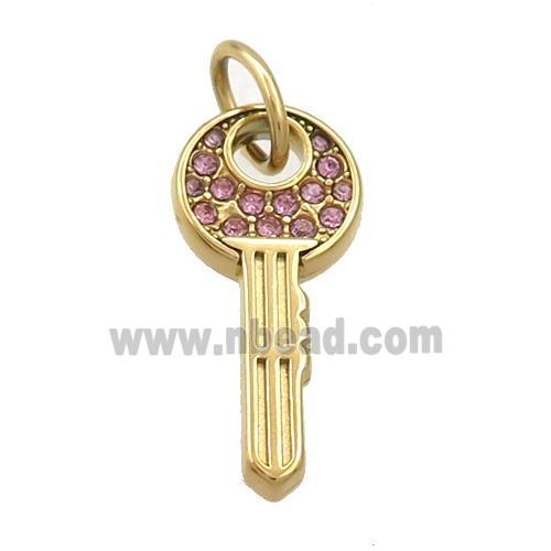 Stainless Steel Key Charms Pendant Pave Rhinestone Gold Plated