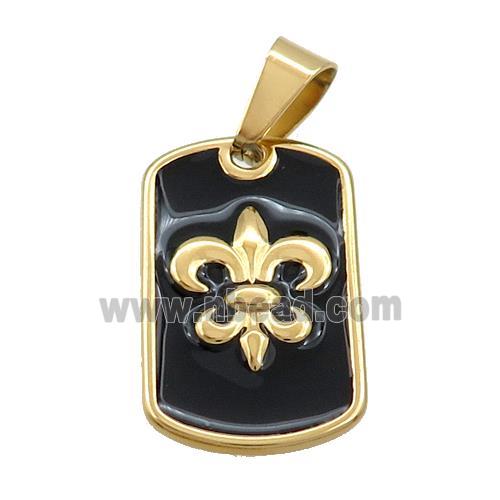 Stainless Steel Fleur-De-Lis Charms Pendant Rectangle Black Enamel Gold Plated