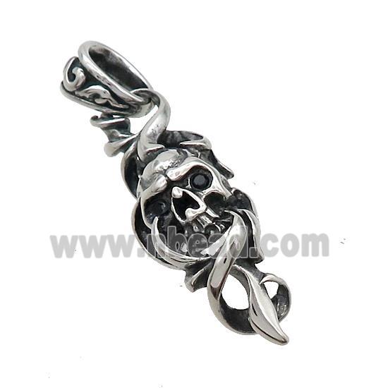 Stainless Steel Skull Charms Pendant Pave Rhinestone Antique Silver