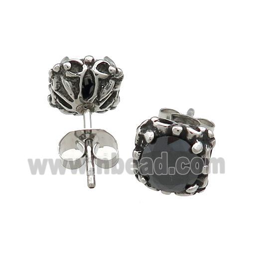 Stainless Steel Stud Earring Pave Rhinestone Antique Silver